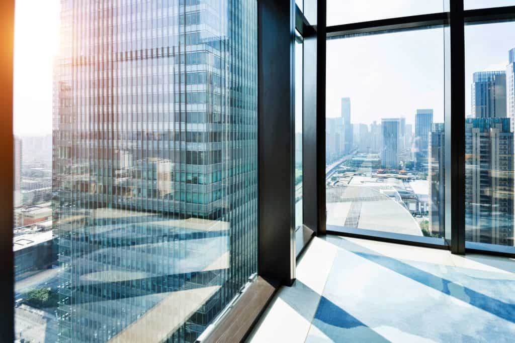 Modern building and cityscape outside the window